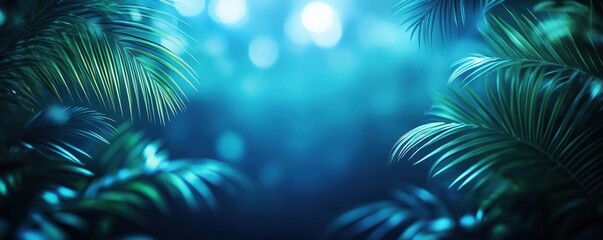 Lush green foliage illuminated by a serene blue light, creating a tranquil atmosphere reminiscent of a tropical rainforest.