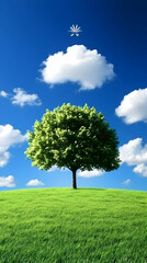 Obraz premium Lush Green Tree Stands on a Hill with Fluffy Clouds Gracefully Floating in the Clear Blue Sky
