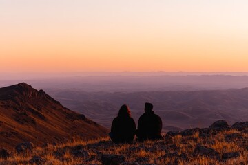 Couple in love sitting on a mountaintop, facing the sunset.