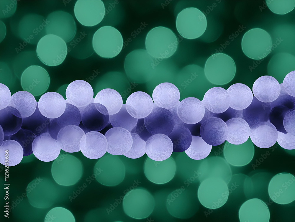 Poster purple spheres form a horizontal line against a bokeh green background, creating an abstract design.