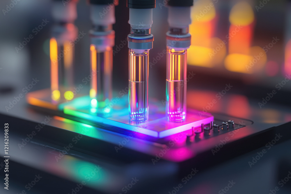 Aufkleber experimental procedure demonstrating colorful liquid analysis in laboratory environment