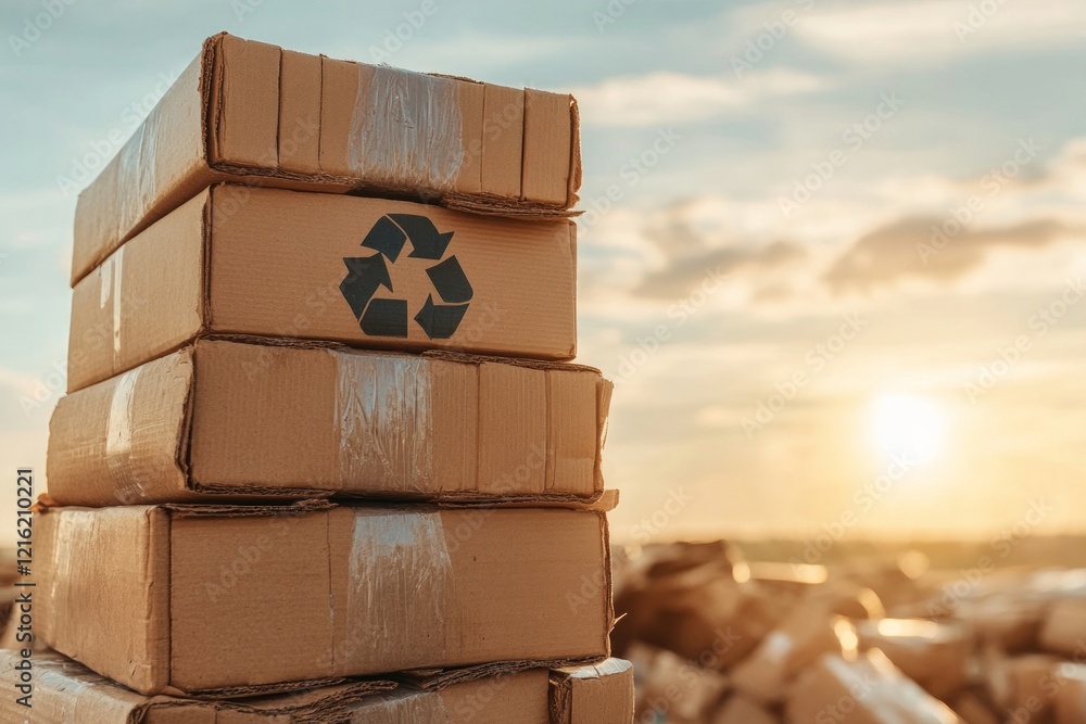 Poster the usage of mitigation strategies and the recycling concept. stacked cardboard boxes with a recycli