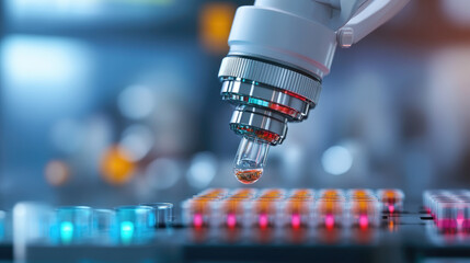 Laboratory experiment on microscopy droplet analysis research facility scientific image -tech environment close-up view innovation