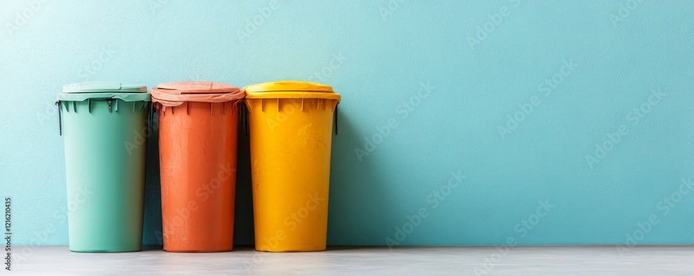 Poster the usage of mitigation strategies and the recycling concept. colorful trash bins against a textured