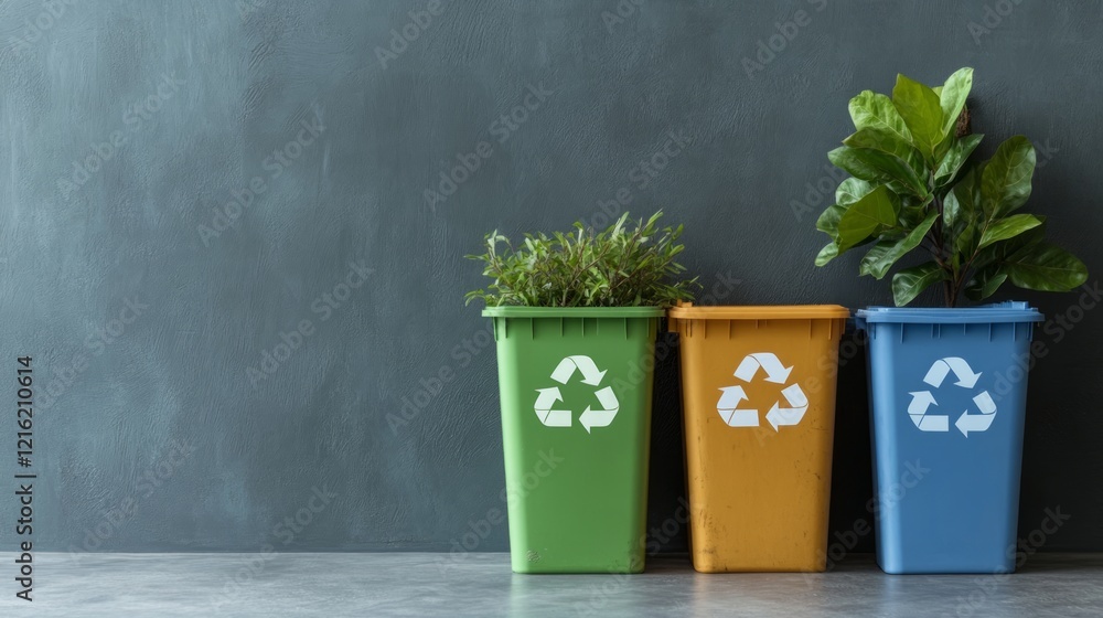 Poster the usage of mitigation strategies and the recycling concept. recycling bins with plants on a textur