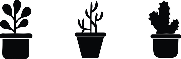 Minimalist Black Silhouette Icons of Potted Plants in Grid Design