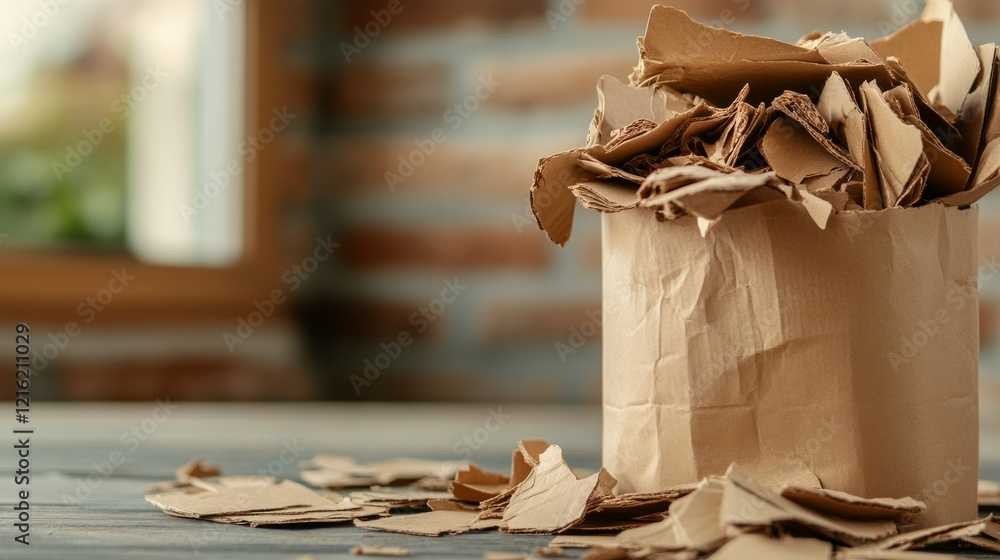 Poster the usage of mitigation strategies and the recycling concept. cardboard scraps in a paper bag on a w
