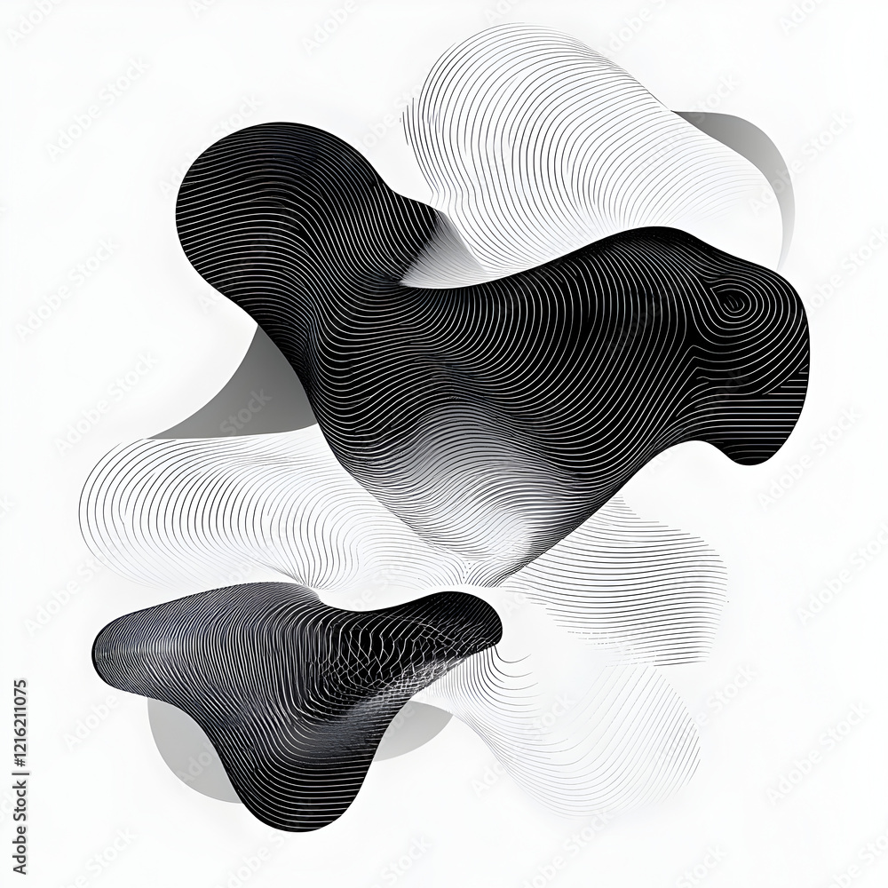 Poster abstract monochromatic forms: interplay of dark and light grayscale organic shapes, creating a visua