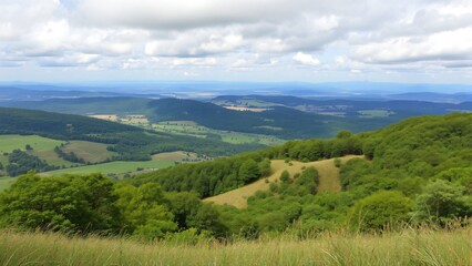 Obraz premium Panoramic View of Rolling Hills and Lush Green Forests under a Cloudy Sky