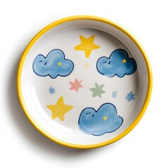 Fototapeta premium child's plate with pastel clouds and stars decoration and a soft yellow rim on white background copy space.
