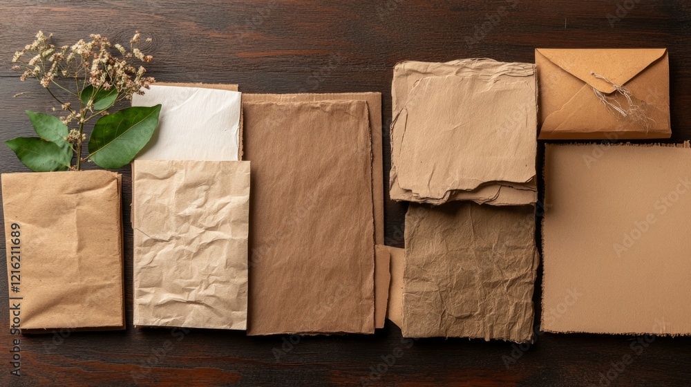 Poster the usage of mitigation strategies and the recycling concept. various brown envelopes and paper with
