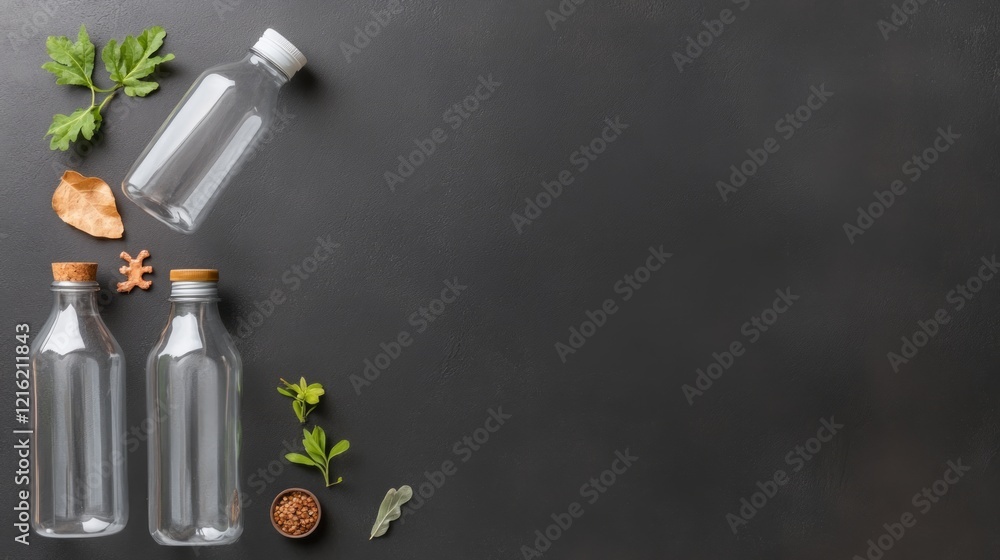 Poster the usage of mitigation strategies and the recycling concept. three glass bottles surrounded by herb
