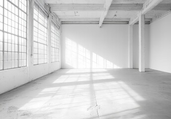 Sunlit empty white industrial loft interior.