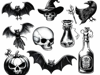 Spooky Halloween Illustration with Skulls, Bats, and Potions Creates a Dark and Eerie Atmosphere.