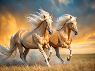 Obraz premium Wild palominos, exquisitely photographed in high-resolution, showcase untamed equestrian beauty.