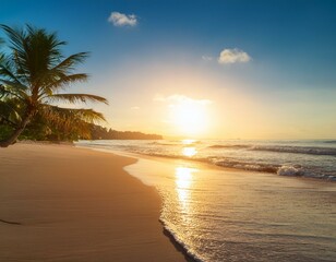 Holidays - Tropical beach at sunset with sparkling ocean, palm trees, light sand, and a blurred horizon.