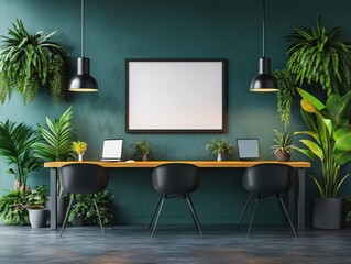 Modern Home Office Design with Lush Greenery and Minimalist Decor: A Serene Workspace