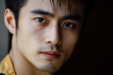 Obraz premium A portrait of a calligrapher's face, pale complexion, dark eyes, ink-black hair, clean-shaven, concentrated look