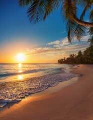 Holidays - Tropical beach at sunset with sparkling ocean, palm trees, light sand, and a blurred horizon.