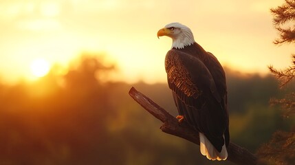 Fototapeta premium Statuesque bald eagle perched on tree branch against brilliant orange sunset