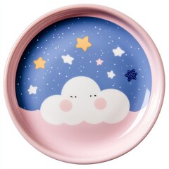 Naklejka premium A plate with a whimsical design of pastel clouds and stars, a soft pink rim, and a smooth glossy finish, perfect for kids.