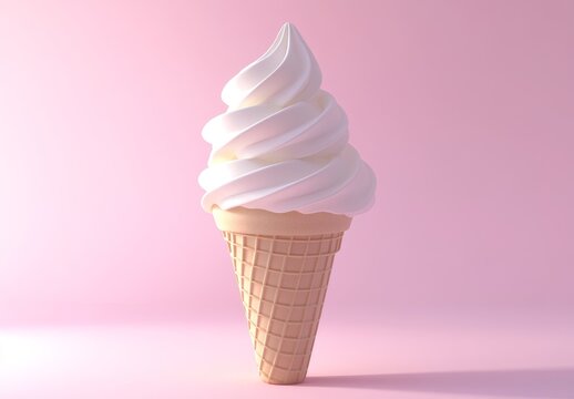 Creamy soft serve ice cream cone on pink background.