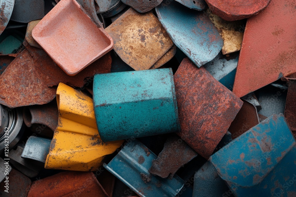 Poster the usage of mitigation strategies and the recycling concept. colorful rusted metal scraps in a diso