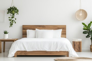 A white bed with a wooden headboard and pillows. The bed is in a room with a white wall and a wooden floor. There are potted plants in the room, one on the left side and another on the right side