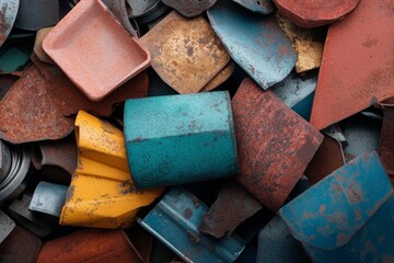 The usage of mitigation strategies and the recycling concept. Colorful rusted metal scraps in a disordered pile.