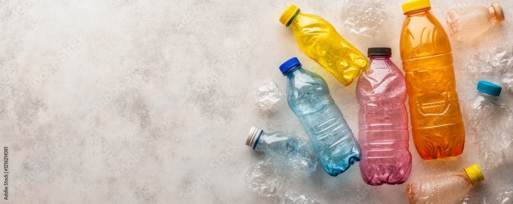 Poster the usage of mitigation strategies and the recycling concept. colorful plastic bottles scattered on 