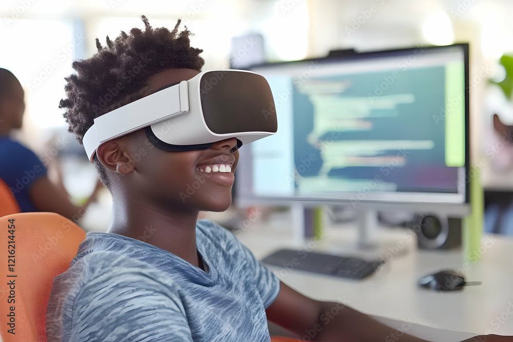 Poster young person explores virtual reality with vr headset at a computer in an office setting