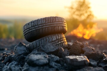 The usage of mitigation strategies and the recycling concept. Abandoned tires on rocky ground with a fire in the background.