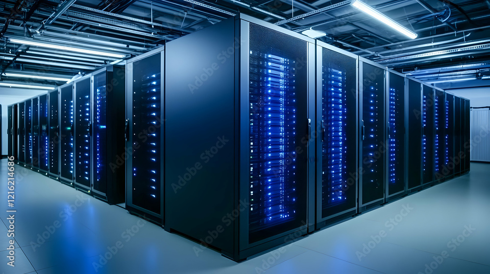 Poster server racks illuminate a data center: a powerful symbol of modern technology and connectivity