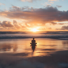 Fototapeta premium Sunrise Meditation: A lone figure sits in quiet contemplation at the edge of the ocean as the sun rises, casting a warm golden glow over the water. This serene image evokes a sense of peace.
