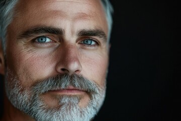 A portrait of a gem cutter's face, focused complexion, crystal-clear eyes, precision-cut silver hair, trimmed mustache, concentrated look