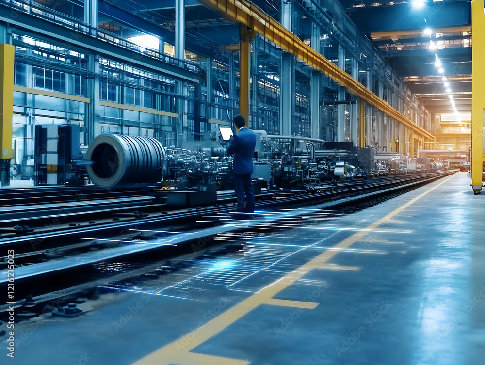Poster engineer monitors production with digital interface in modern factory, ensuring quality and efficien