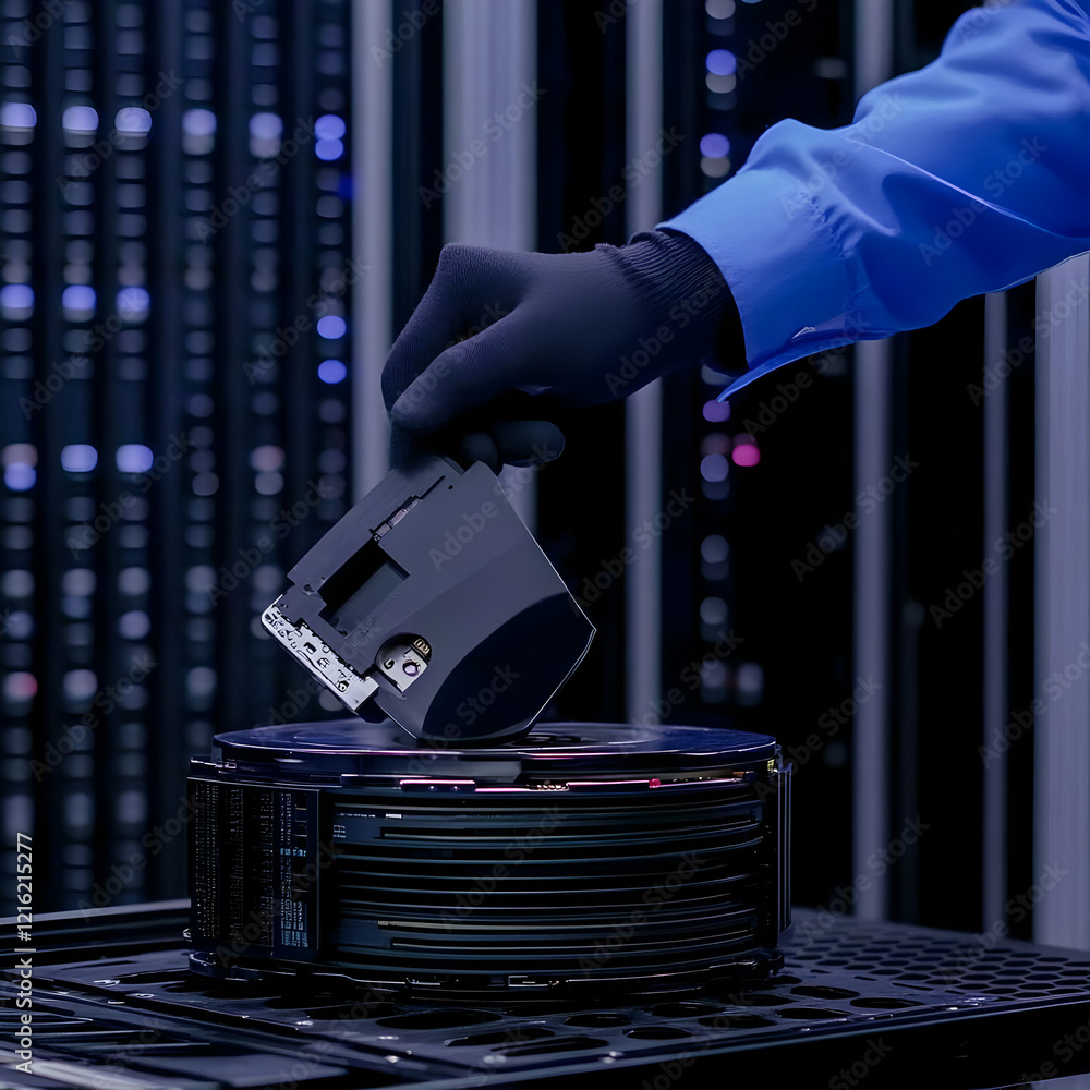 Poster technician holds hard drive over server rack in data center with advanced technology