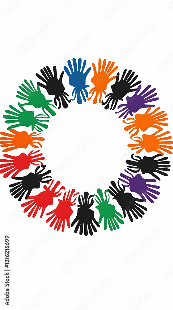 Poster colorful handprints form a circle symbolizing unity and diversity beautifully and harmoniously.