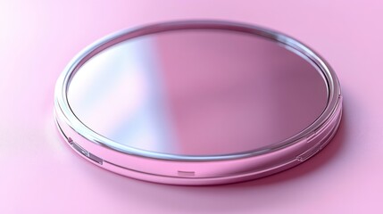 Reflective Round Makeup Compact on Soft Pink Surface Close-Up