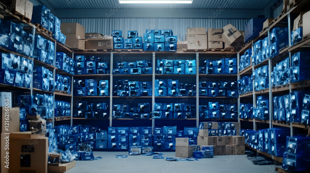 Poster warehouse shelves packed with inventory boxes and packages efficiently organized for storage and dis
