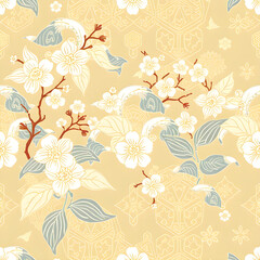 Japanese Kimono-Inspired Seamless Pattern with Cherry Blossoms and Waves