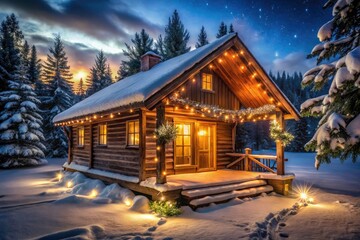 Winter wonderland cottage glows; long exposure photography reveals Christmas cabin's charm.
