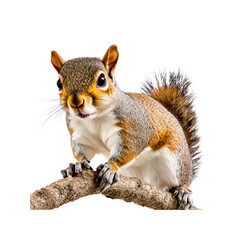 Obraz premium Adorable Eastern Gray Squirrel on Branch, Isolated on White Background