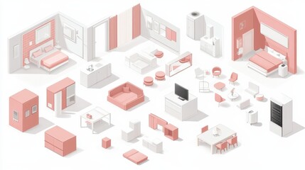 Fototapeta premium Isometric View of Modern Hotel Room Furniture and Interior Design Elements: A Collection of Pink and White Furnishings