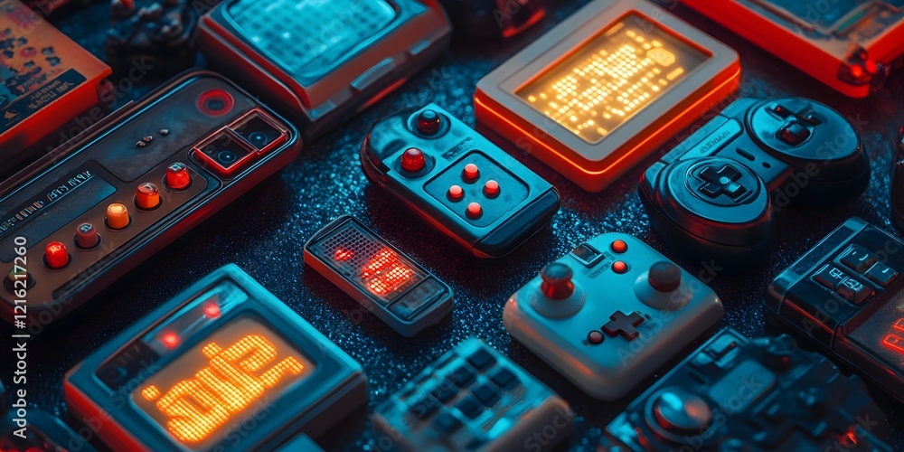 Poster collection of old video game controllers with the word 