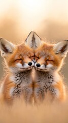 Obraz premium Young red fox cubs playing and wrestling with each other in the wild.