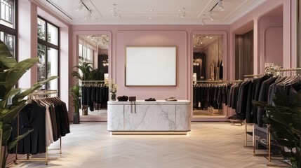 Elegant Boutique Interior Design: Luxurious Pink and Gold Retail Space with Chic Clothing Displays