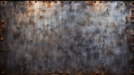High-resolution texture of a rusty metal plate with rivets, ideal for backgrounds and design projects.