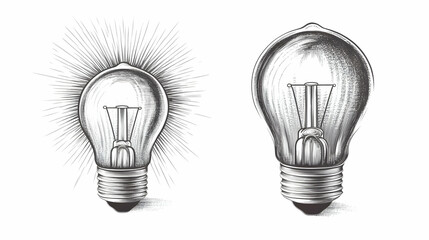 Two Vintage Light Bulbs Shine, One with Rays, Hand-Drawn Illustration Style with Detailed Filament