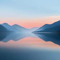 Fototapeta premium Serene Sunrise Reflection: A tranquil lake mirrors the soft pastel hues of a sunrise, creating a breathtaking panorama of mountains and sky. The image evokes peace and serenity. 